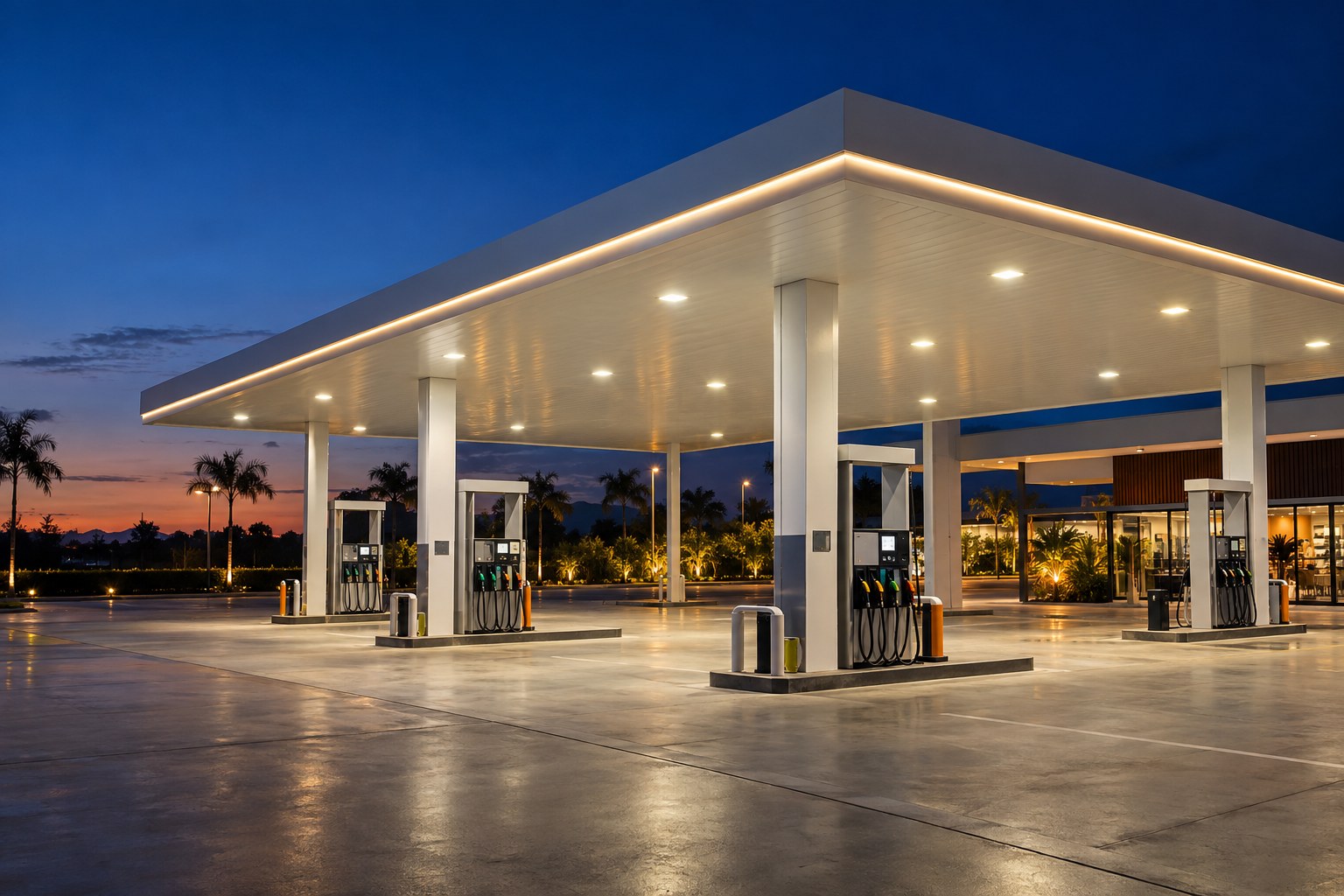 Posto de combustíveis moderno ao anoitecer